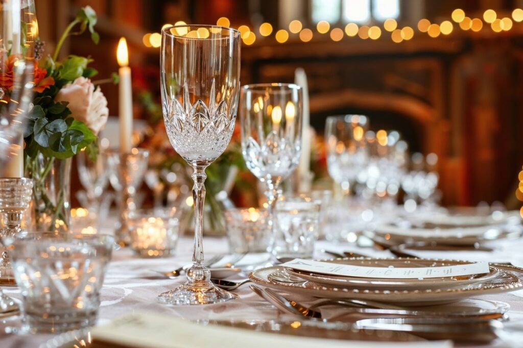 Vinglas i fokus på et dækket bord